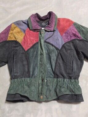Vintage CHIA Color Block Suede Leather Bomber Jacket 80s Retro Jewel Tone XS